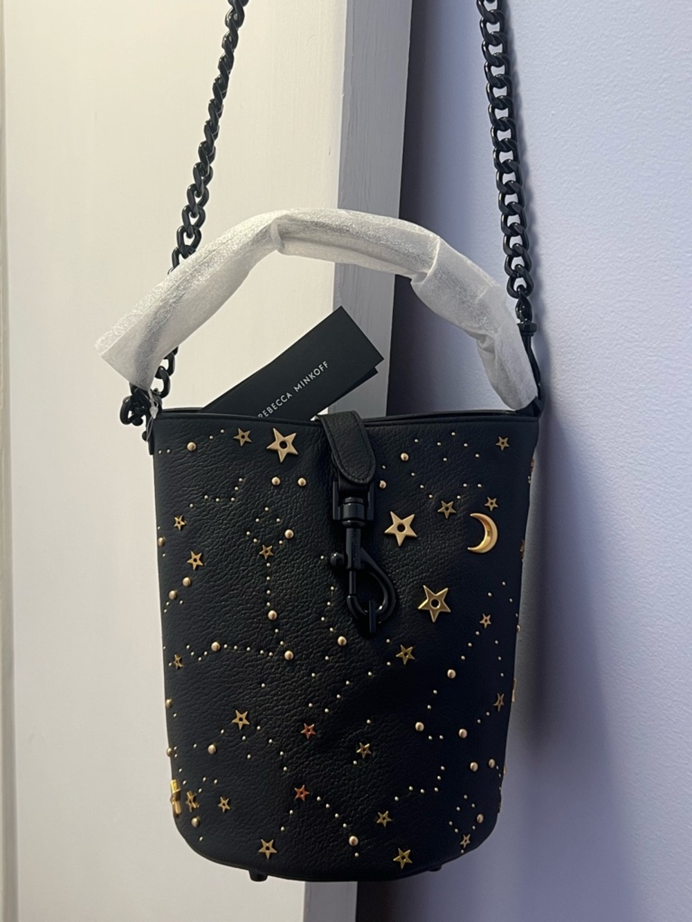 Rebecca Minkoff Black Bucket Bag with Gold Star & Moon studs - Edie top handle - Picture 3 of 9